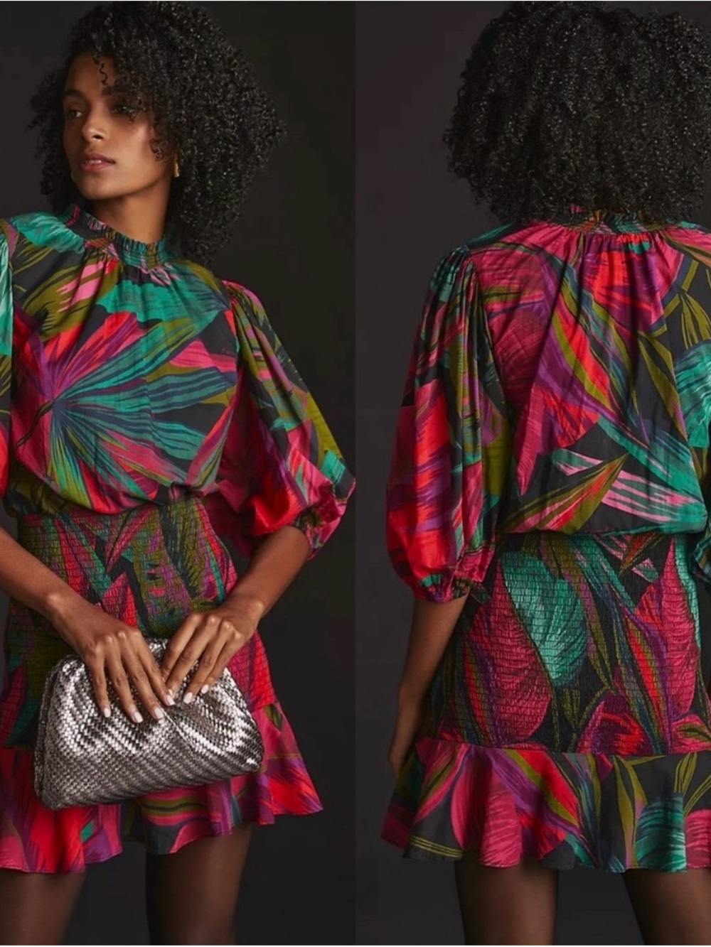 Farm Rio NWT Midnight Leaves Mini Dress Puff Sleeve Multicolor Women's Sz S
